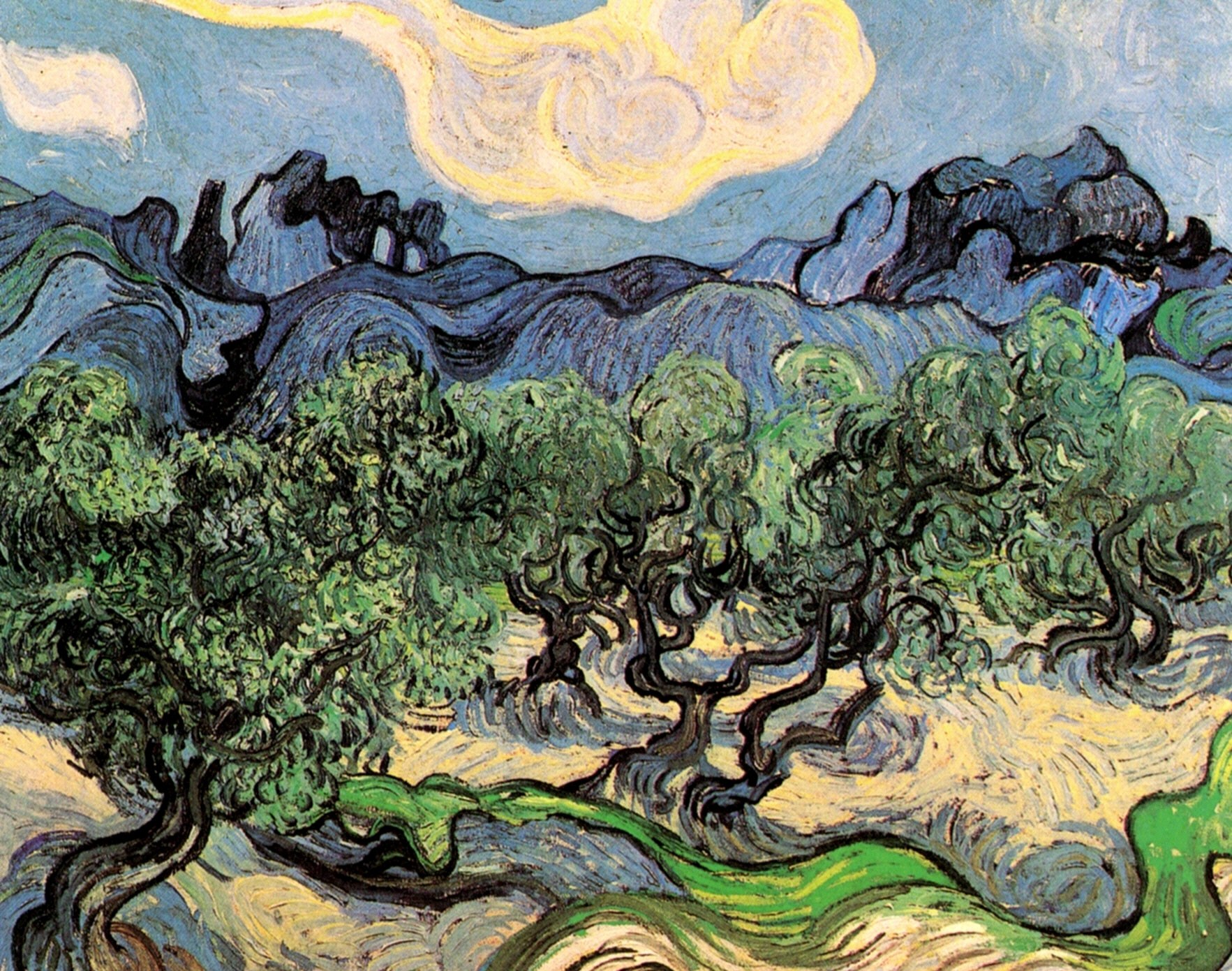 Картина Ван Гога Оливковые деревья на фоне Альп 1889